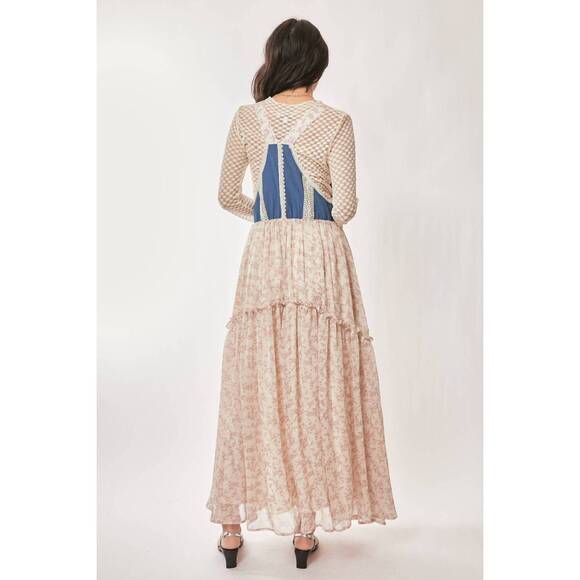 NEW DAVI & DANI denim with lace overall midi dress in pink floral - Picture 7 of 10